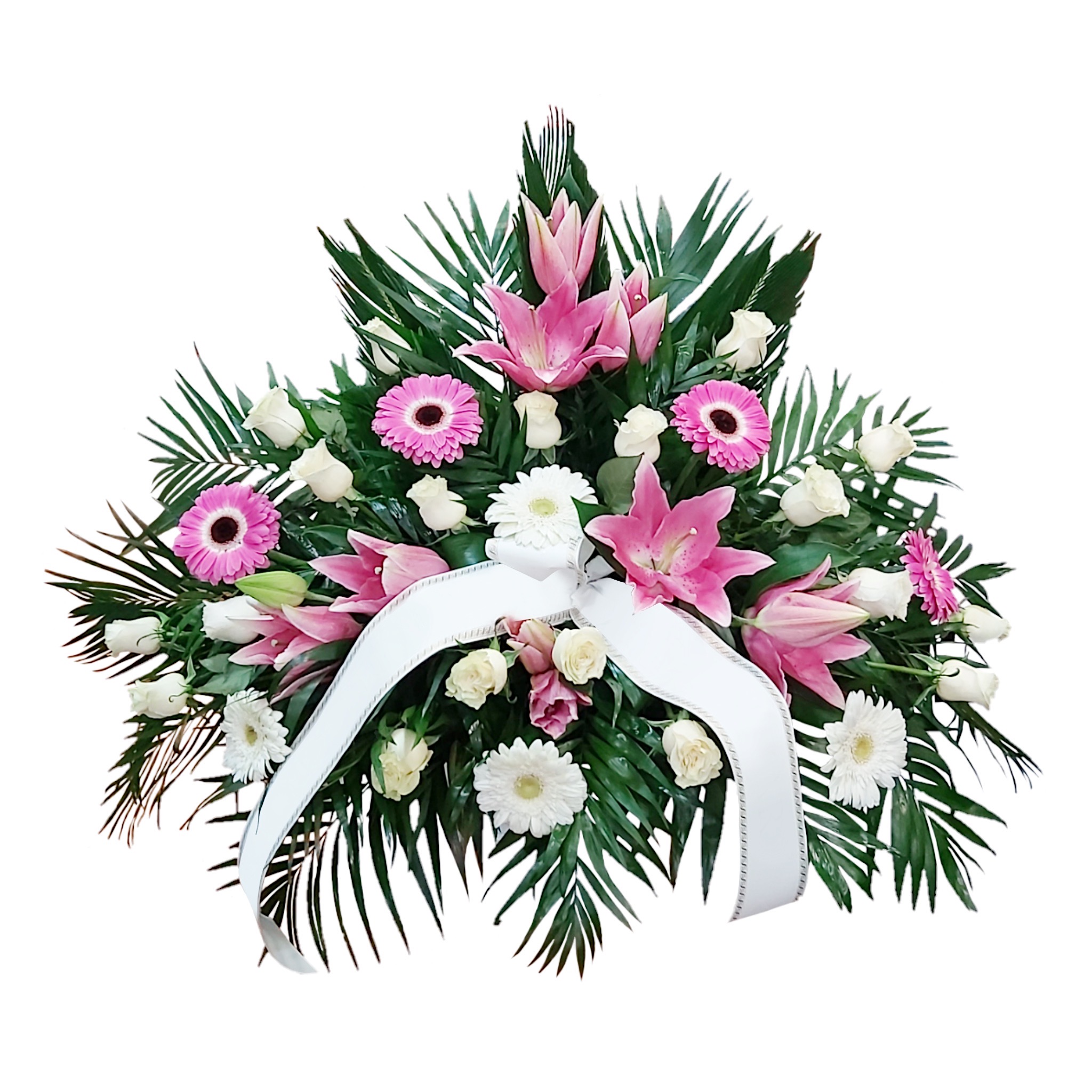 5. CENTRO DE FUNERAL CON ROSAS BLANCAS, LILIUM Y GERBERA ROSA – La Orquídea